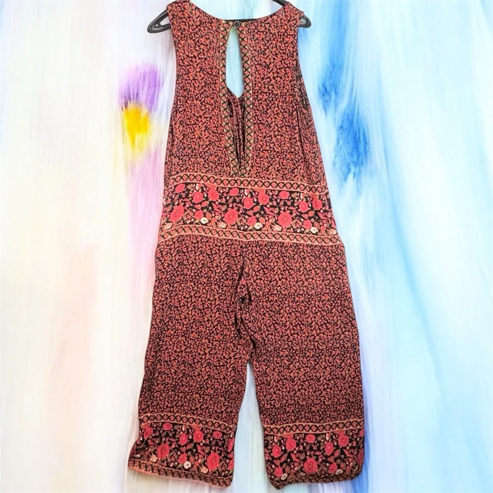 Free People Red Boho Pattern Jumpsuit with V-Neckline and Relaxed Fit Open Back - Picture 7 of 12